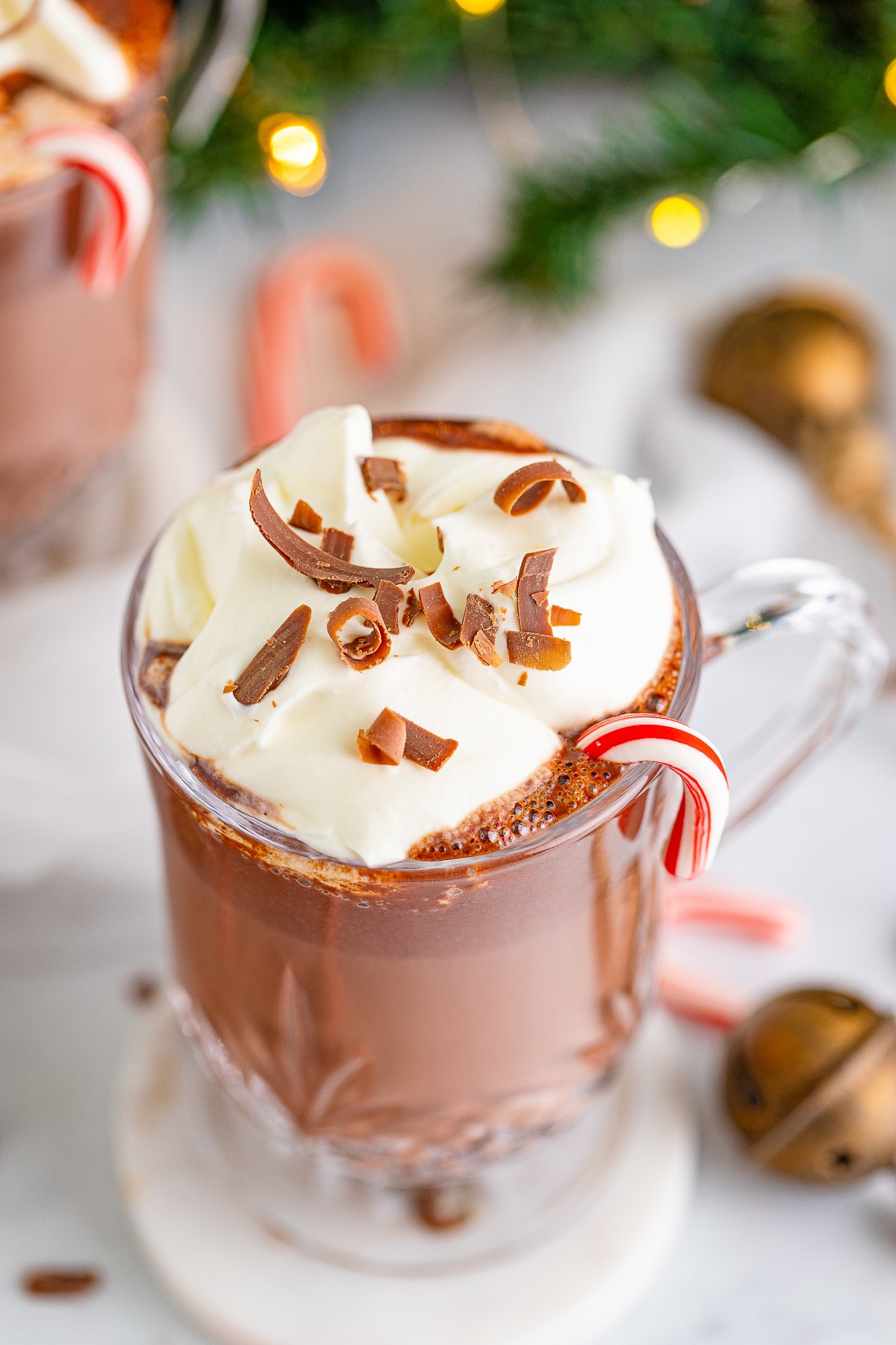 overhead image of finished hot chocolate recipe served in mugs