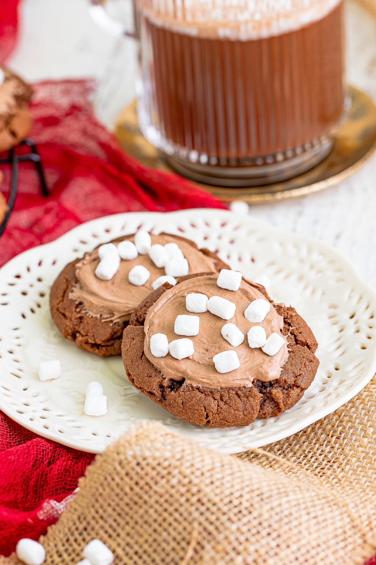 two Hot Chocolate Cookies on a white plate