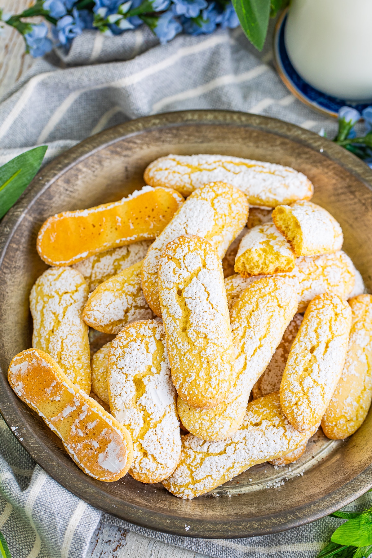 overhead image of a lot of Lady Finger cookies in a serving platter