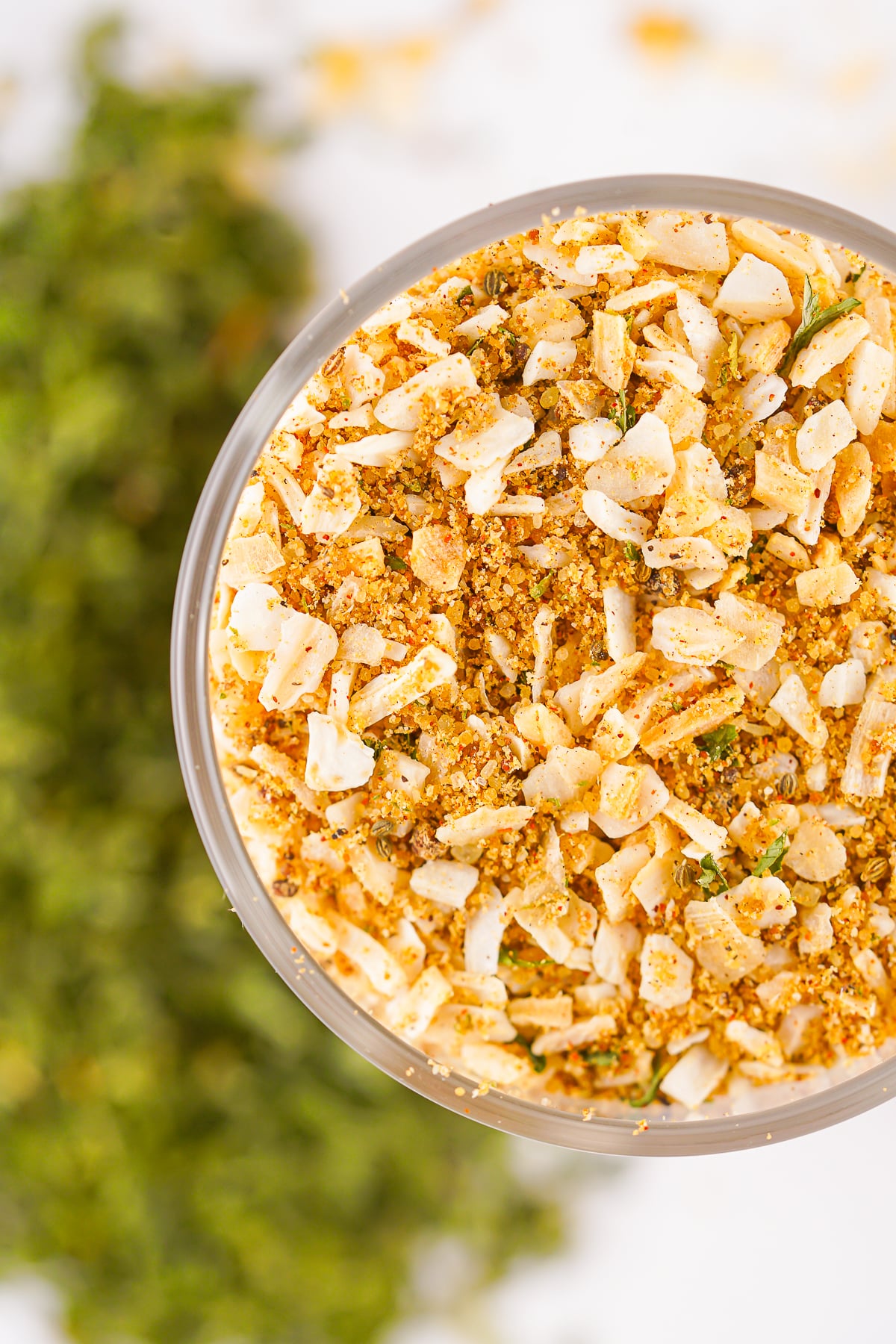 up close overhead image of Onion Soup Mix Recipe in clear jar