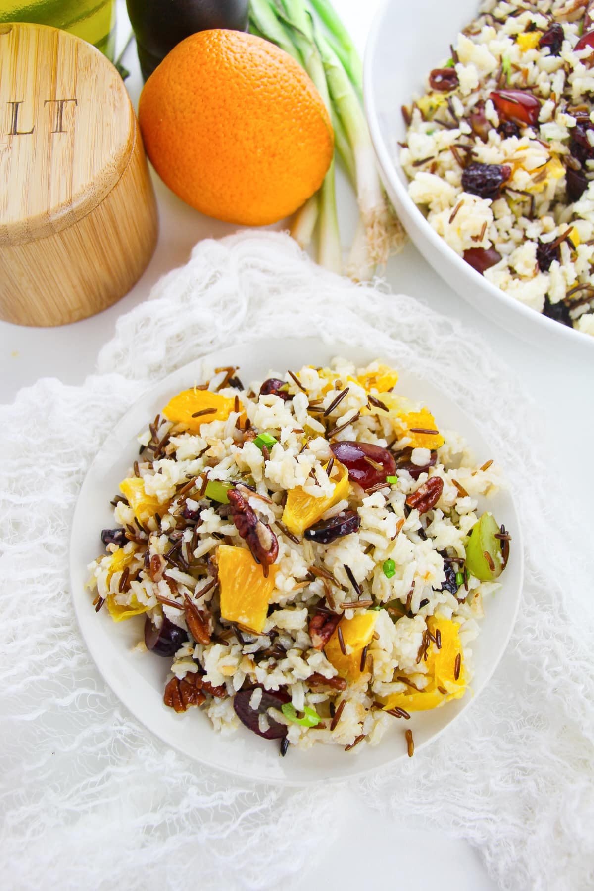overhead image of Wild Rice Salad on white plate