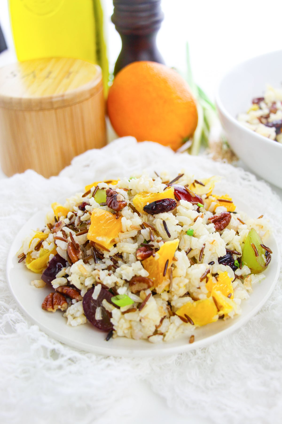 finished Wild Rice Salad on a serving plate with linen
