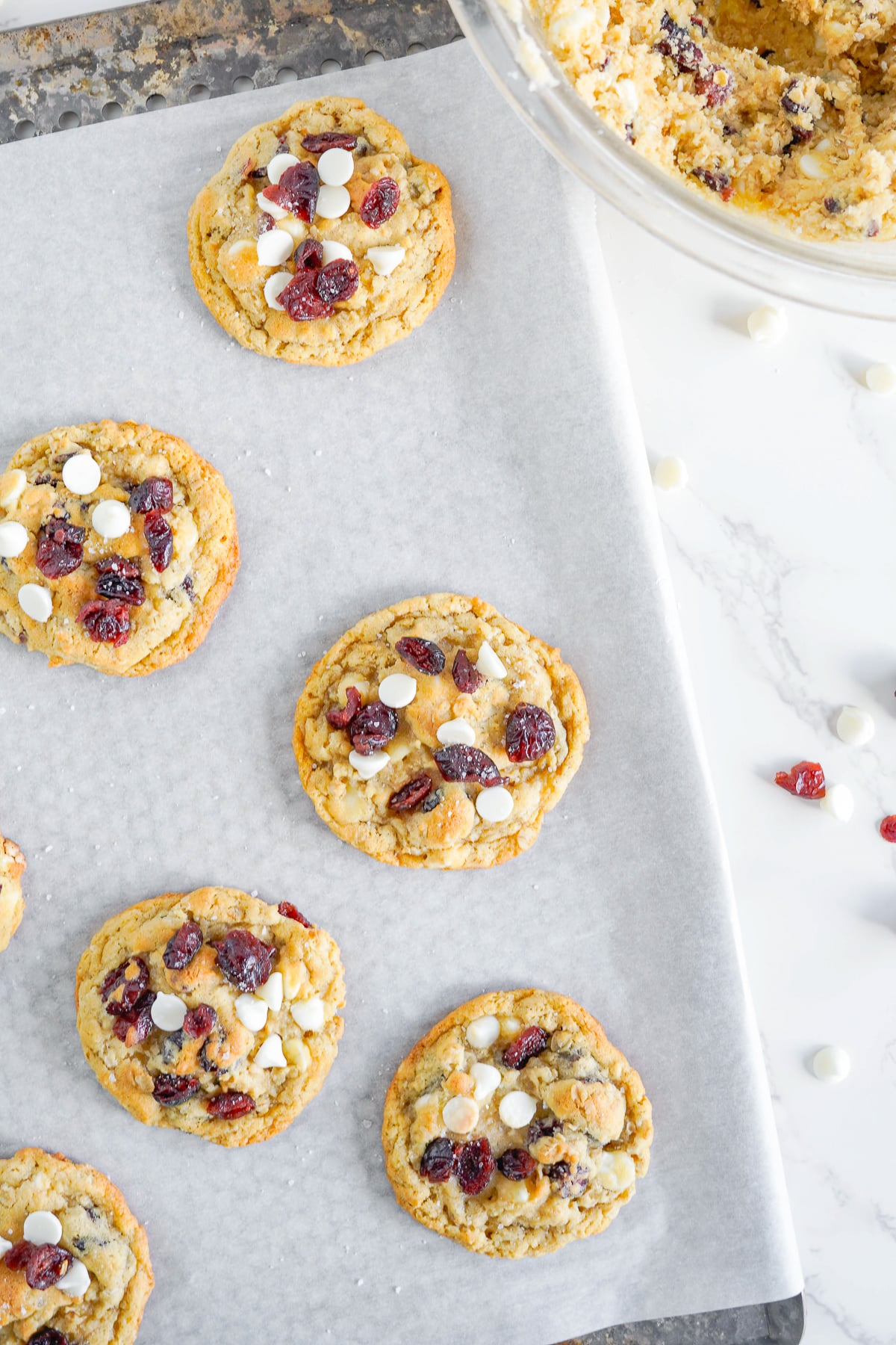 baked White Chocolate Cranberry Cookies on cookie sheet