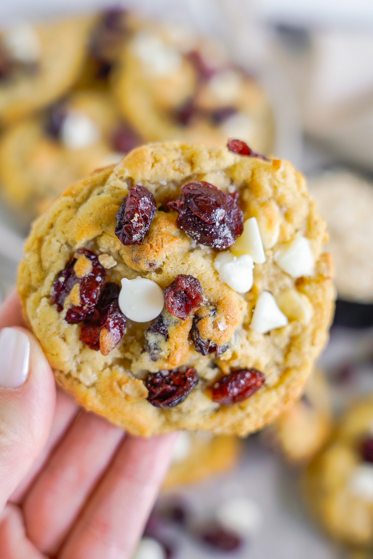 a hand holding up White Chocolate Cranberry Cookies in air, up close image