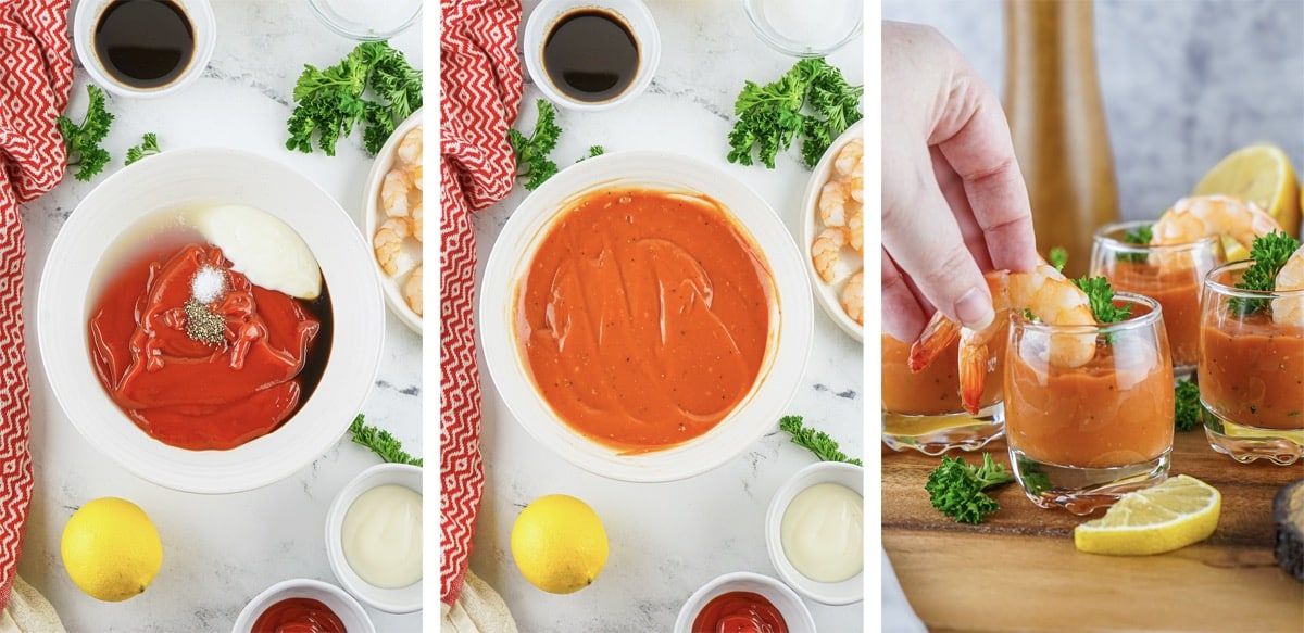 collage of images showing how to make Cocktail Shrimp