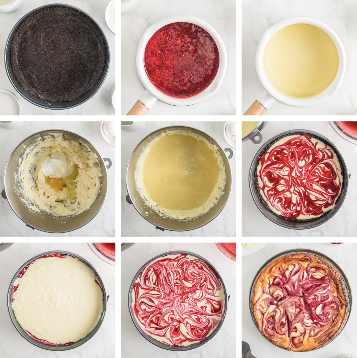 collage of images showing how to make White Chocolate and Raspberry Cheesecake
