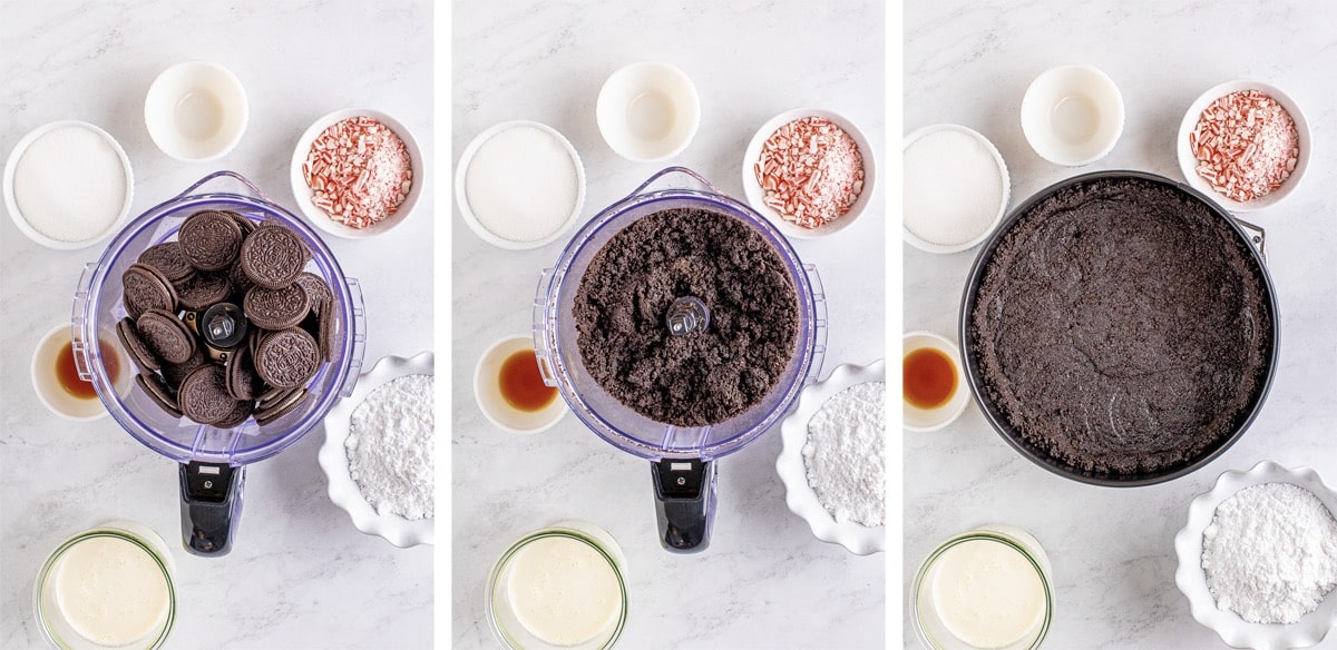 collage of images showing how to make the crust for Peppermint Cheesecake
