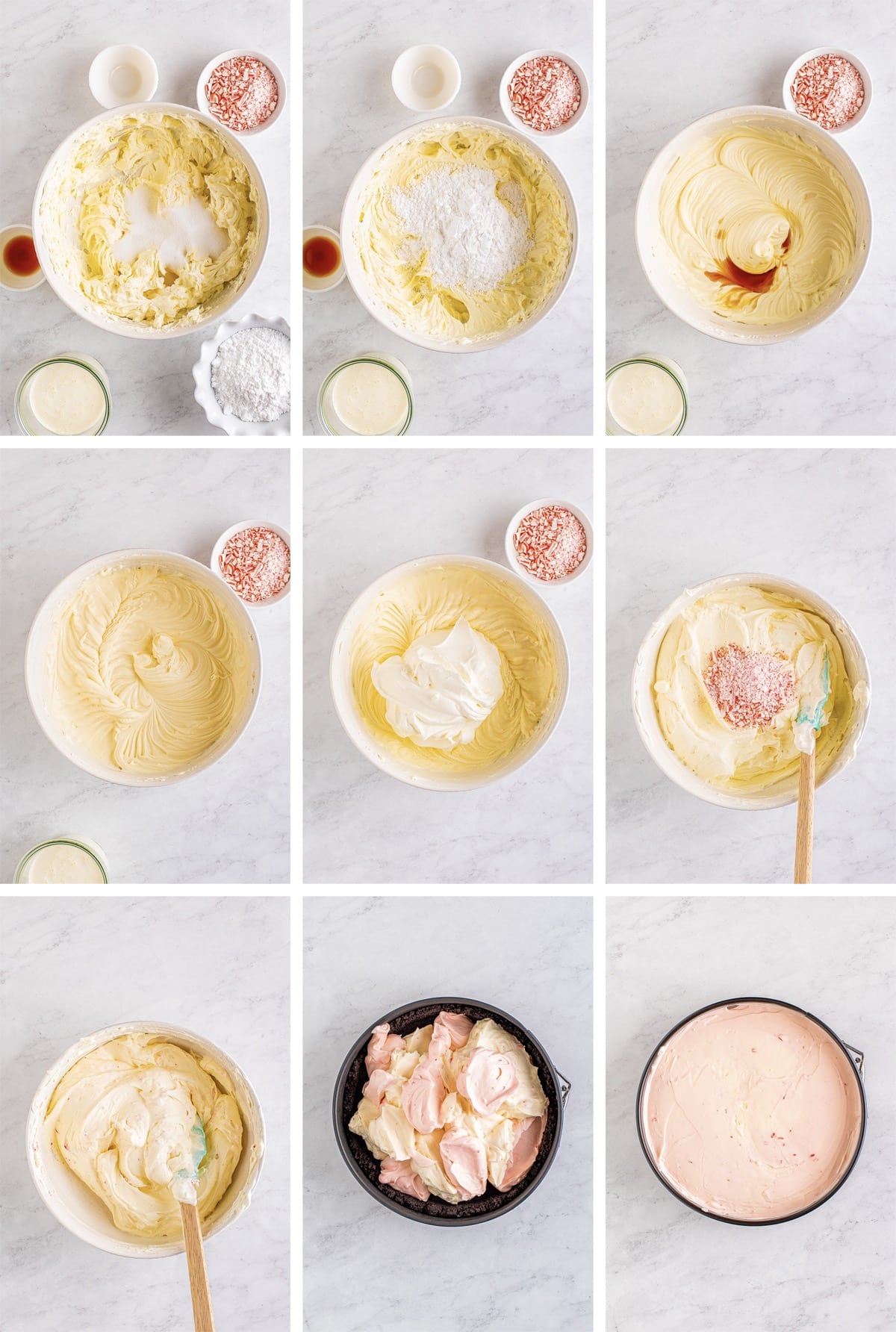collage of images showing how to finish making Peppermint Cheesecake
