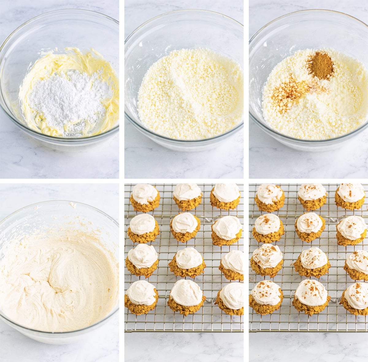 collage of images showing how to make the frosting and finishing touches for Pumpkin Cookies with Oats