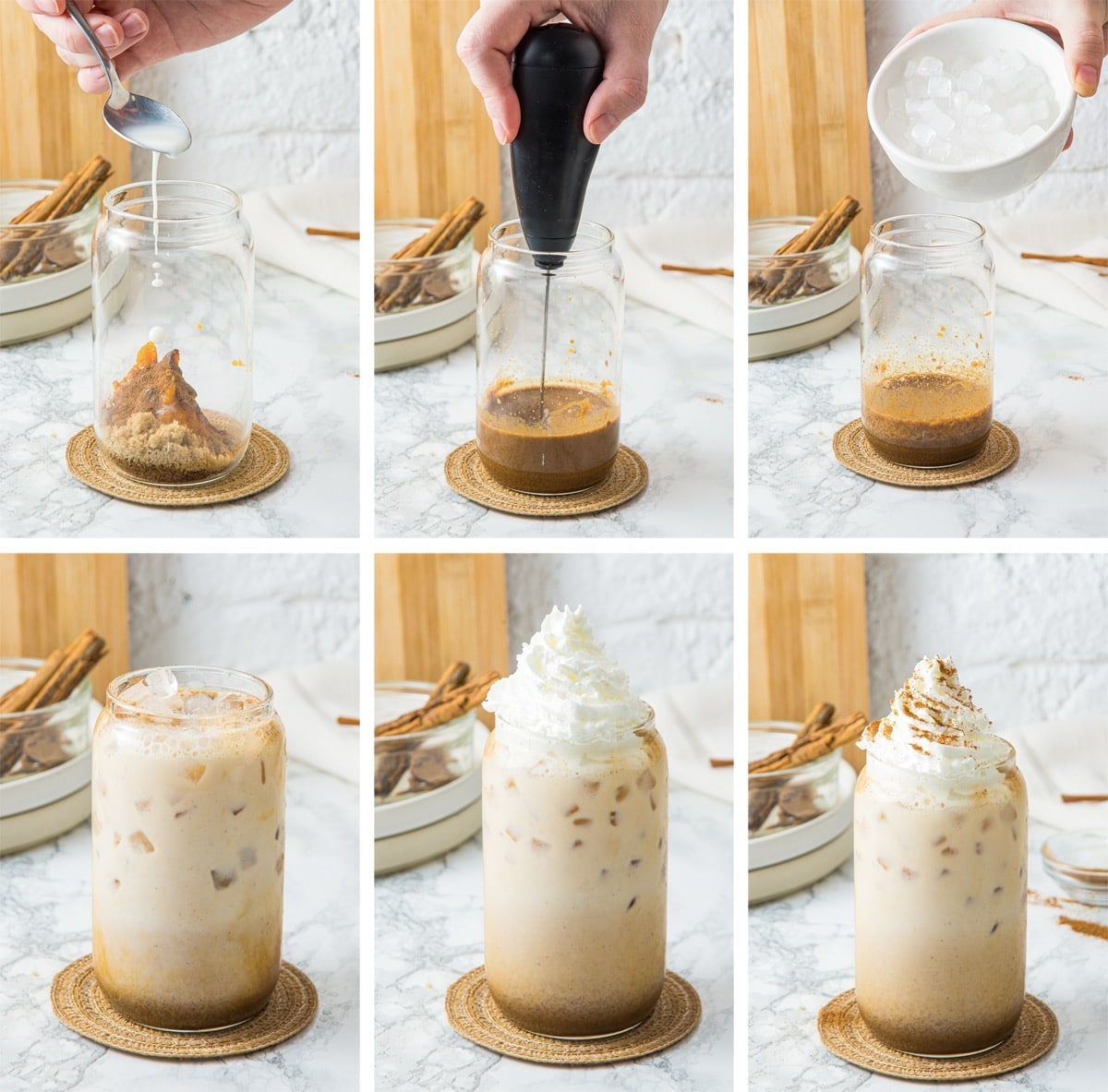 collage of images showing how to make Iced Pumpkin Spiced Latte