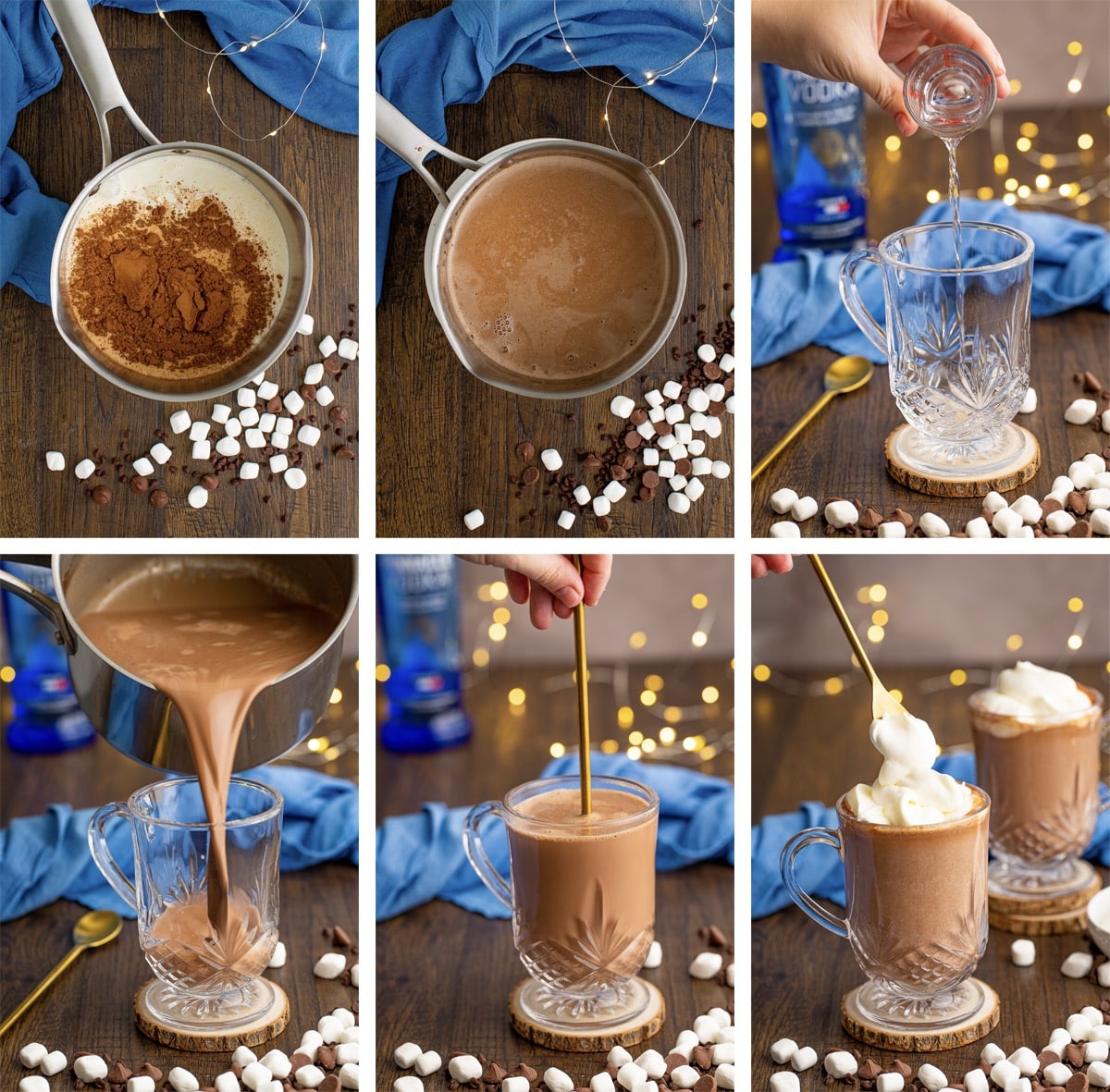 collage of images showing how to make Boozy hot chocolate 