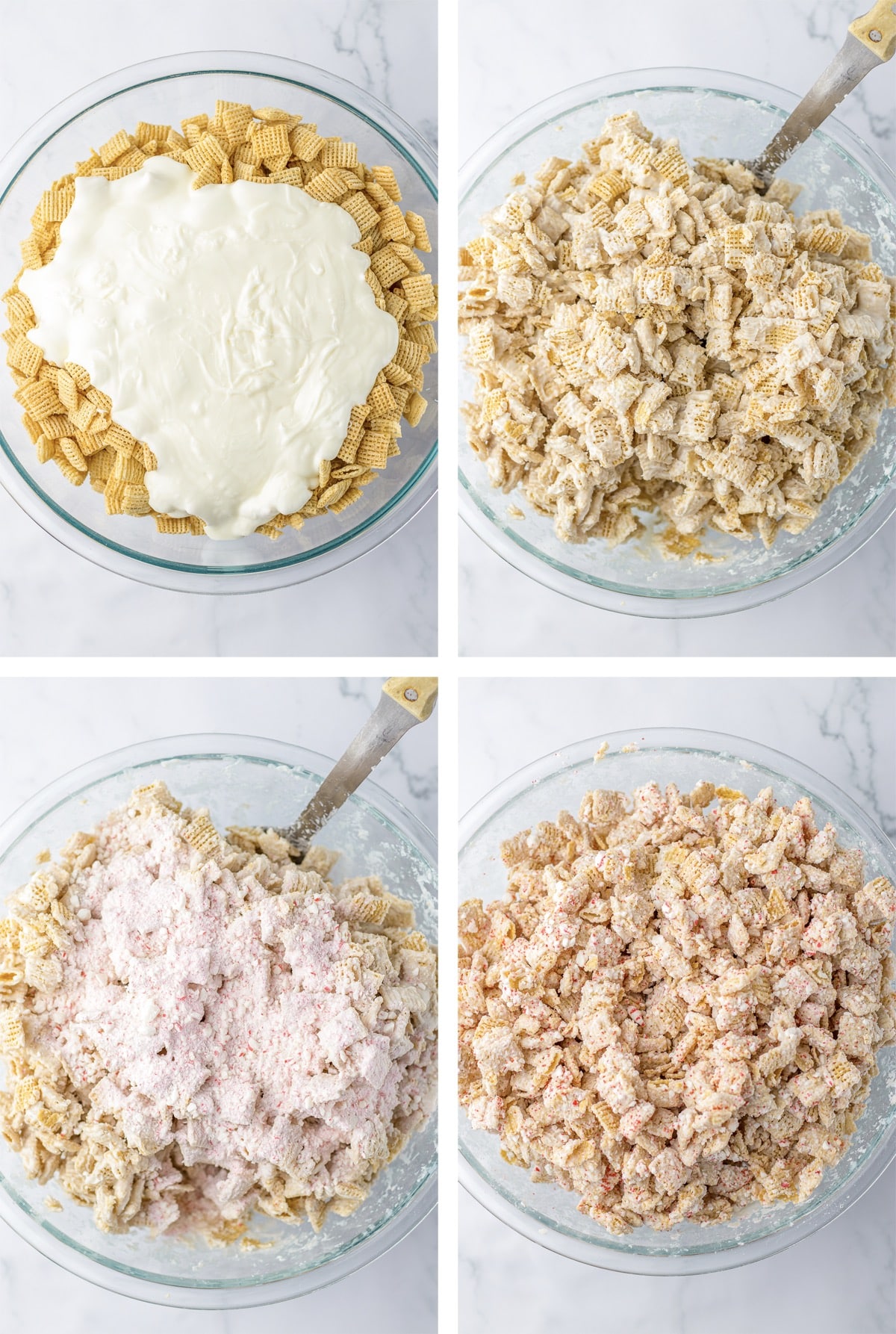collage of images showing how to make White Chocolate Chex Mix Recipe