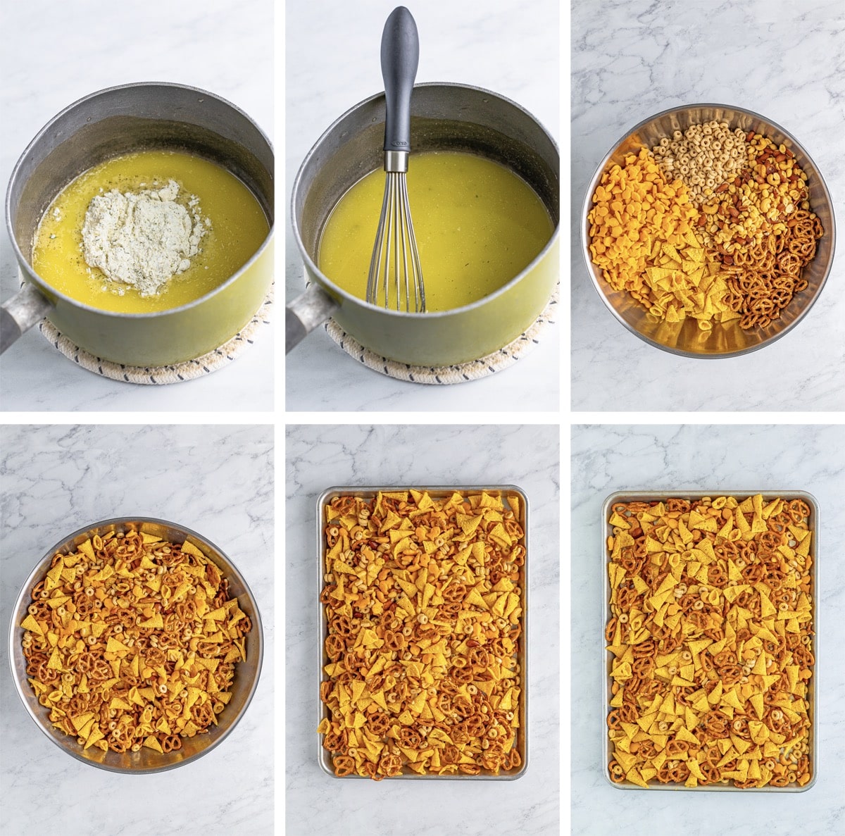 collage of images showing how to make Snack Mix