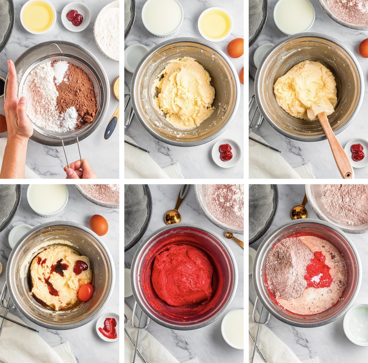 collage of images showing the first steps on how to make Red Velvet Bundt Cake