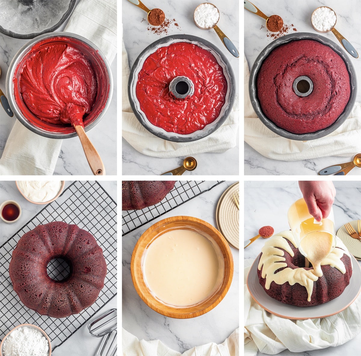 collage of images showing the last steps on how to make Red Velvet Bundt Cake