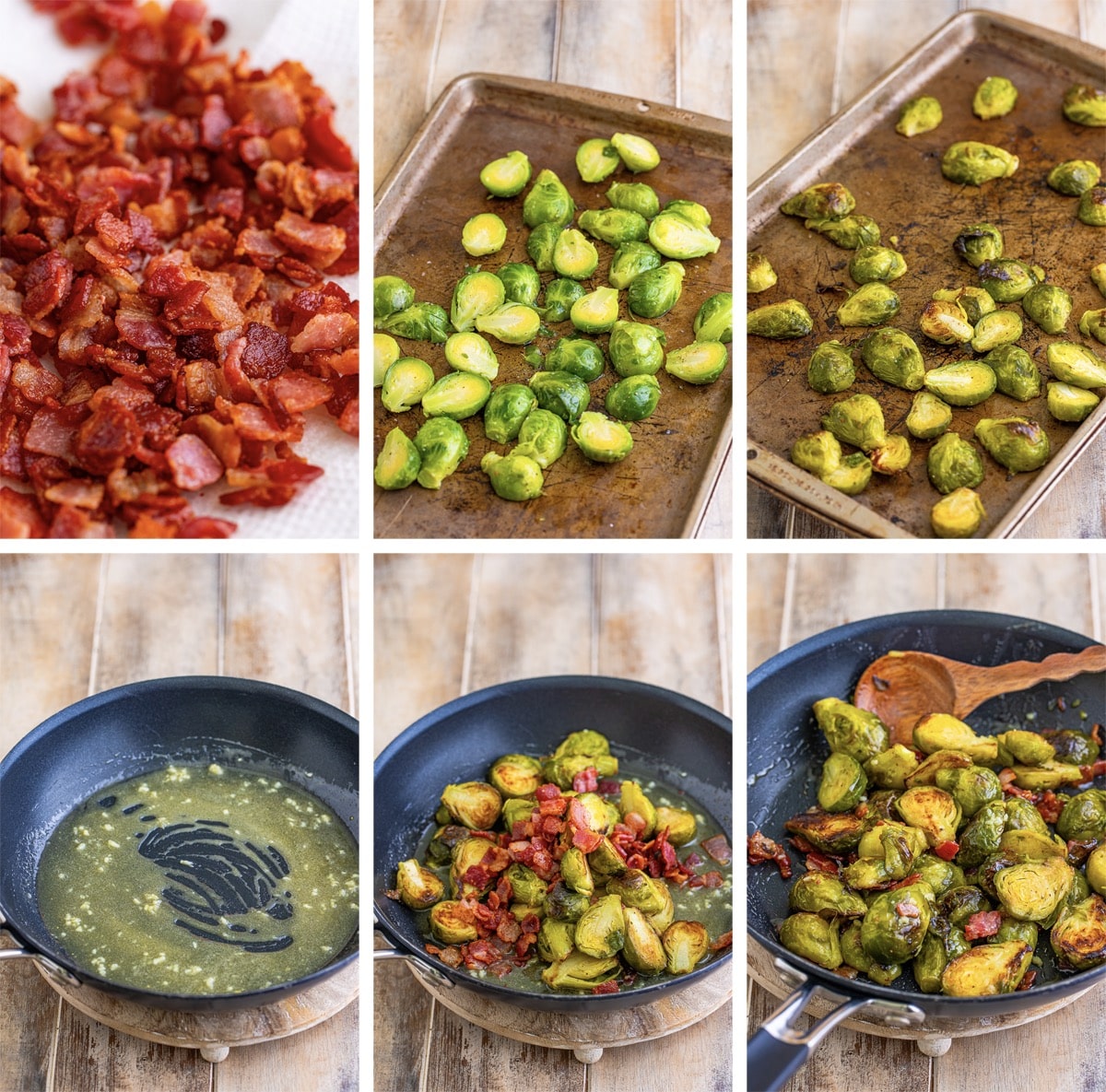 collage of images showing how to make Brussel Sprouts with Bacon