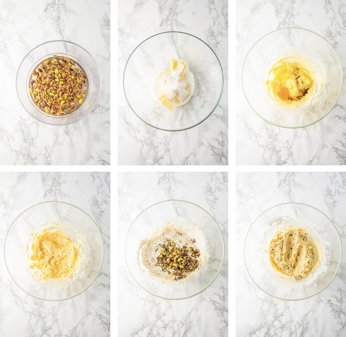 collage of images showing how to make the dough for Pistachio Cookies