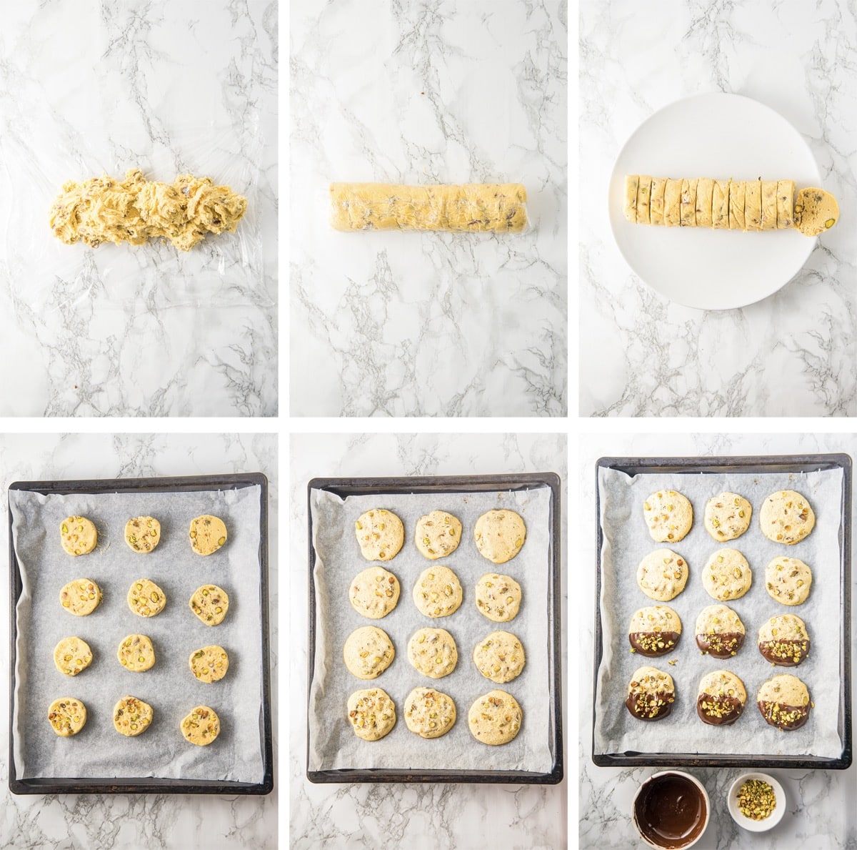 collage of images showing how to slice and bake the cookies for Pistachio Cookies