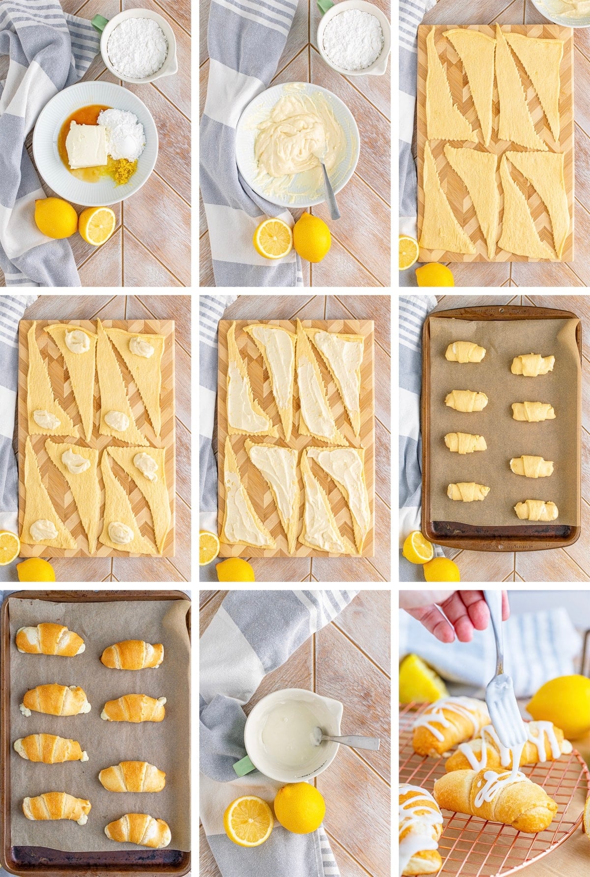 collage of images showing how to make Lemon Cheesecake Crescent Rolls
