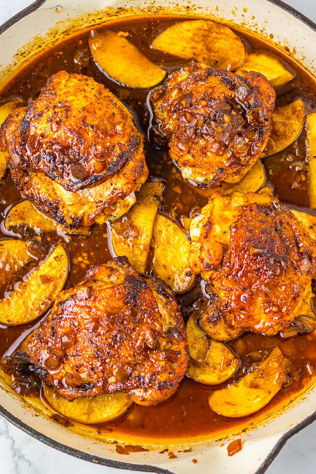 finished Apple Cider Chicken in the skillet, overhead image
