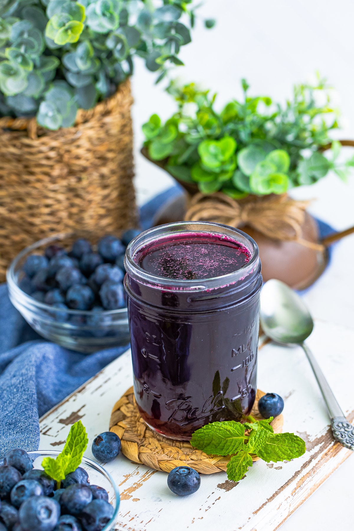 Blueberry Syrup served in a mason jar