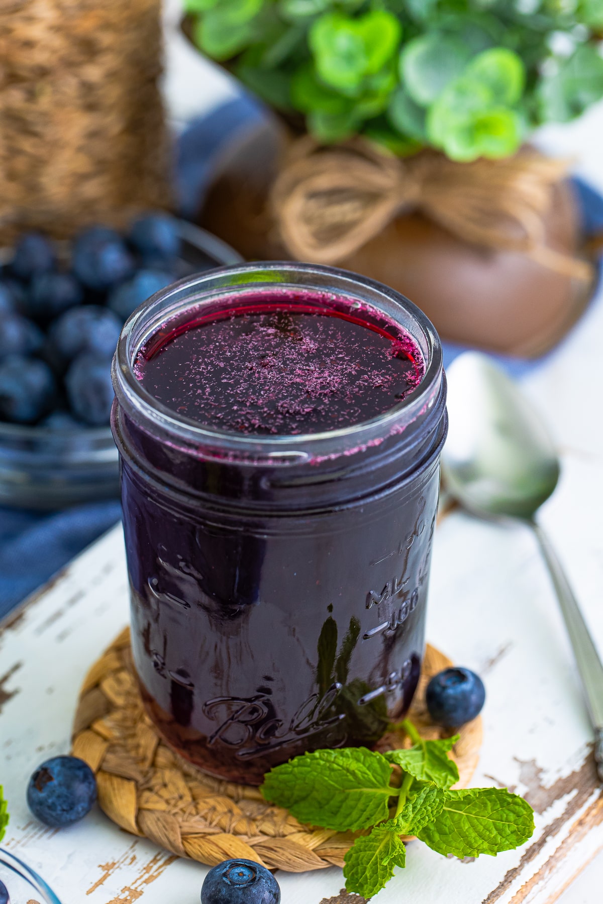 finished Blueberry Syrup stored in a mason jar