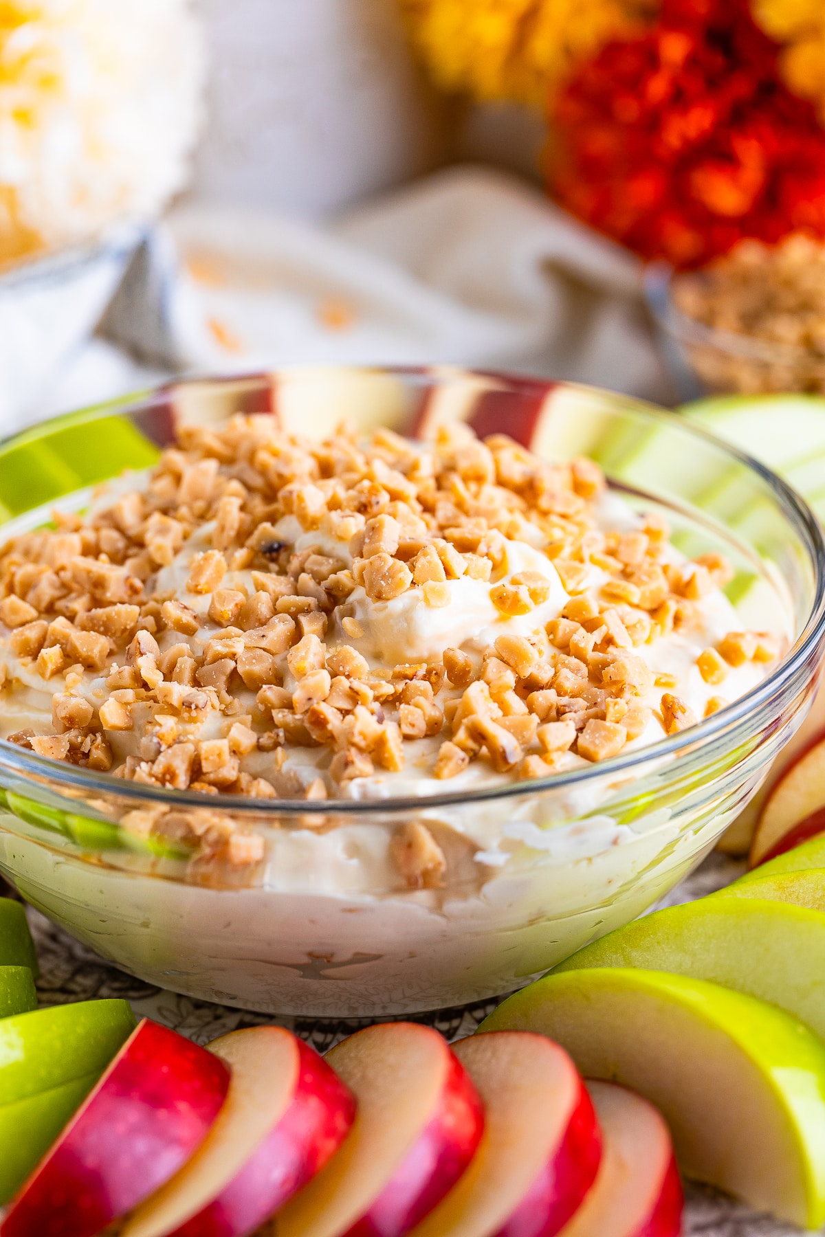 Caramel Apple Dip, a yummy appetizer or after-school snack. #Recipe from ThisSillyGirlsKitchen.com #caramelappledip #fruitdip #dip #appetizer #dessert up close image of finished Caramel Apple Dip in bowl