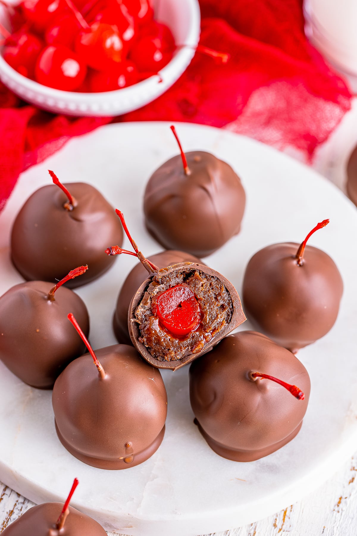 overhead image of Brownie Truffles, one has been cut on half on top