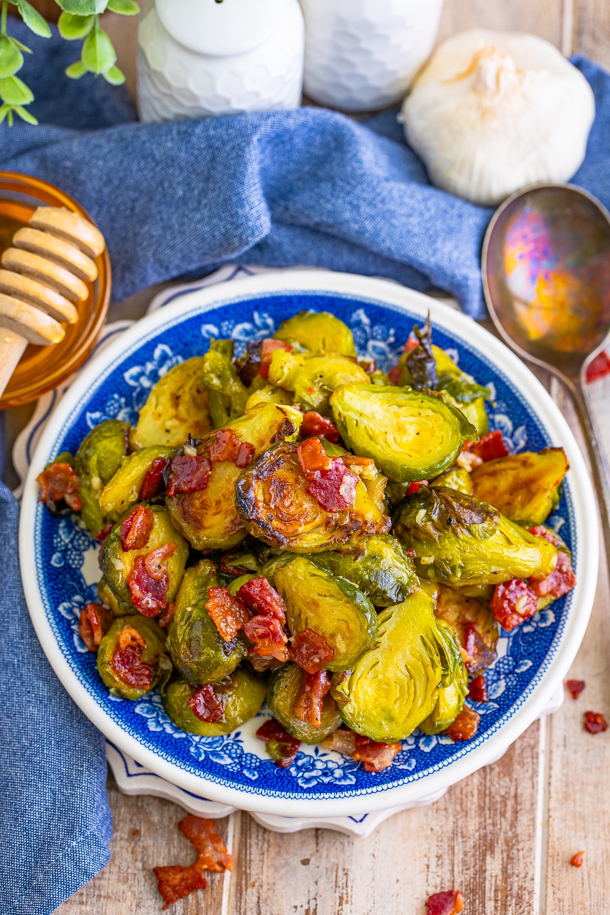overhead image of Brussel Sprouts with Bacon served on a plate
