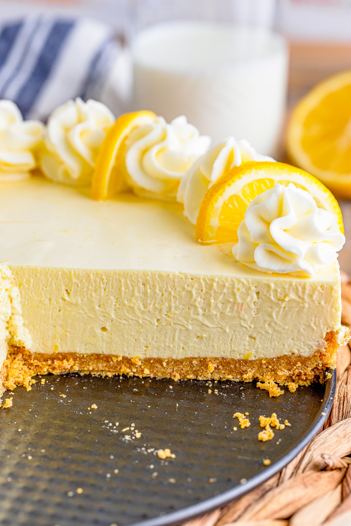Lemon Cream Pie in baking dish with a slice taken out