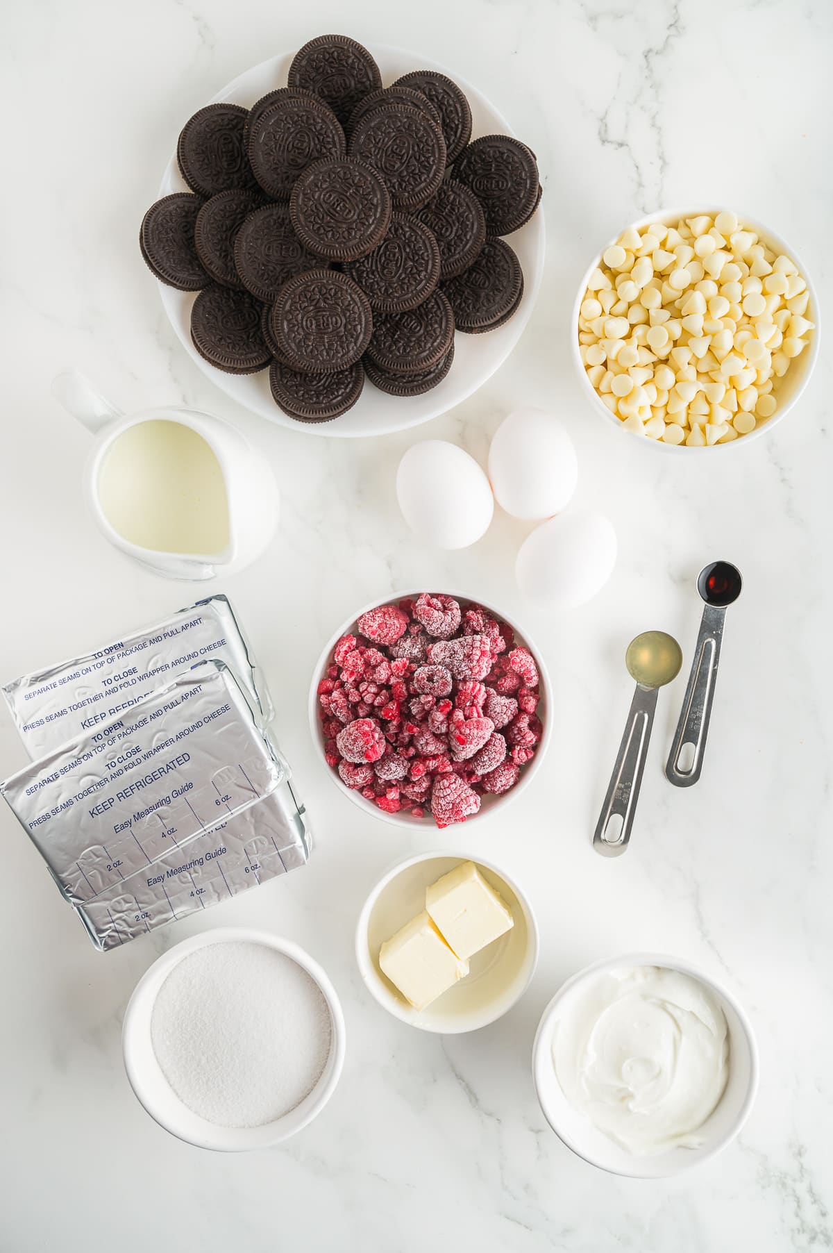 ingredients needed to make White Chocolate and Raspberry Cheesecake