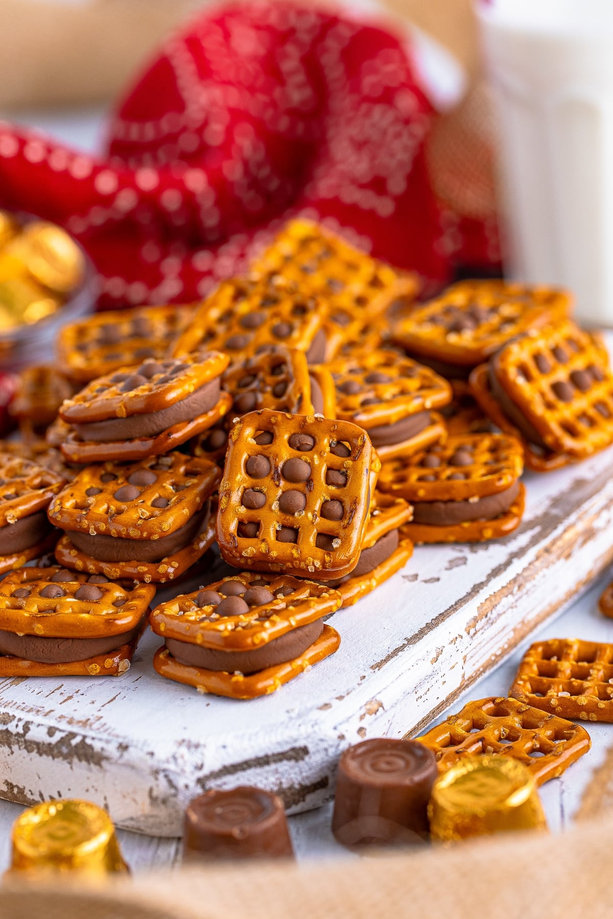 finished Rolo Pretzel Recipe on a wooden board platter