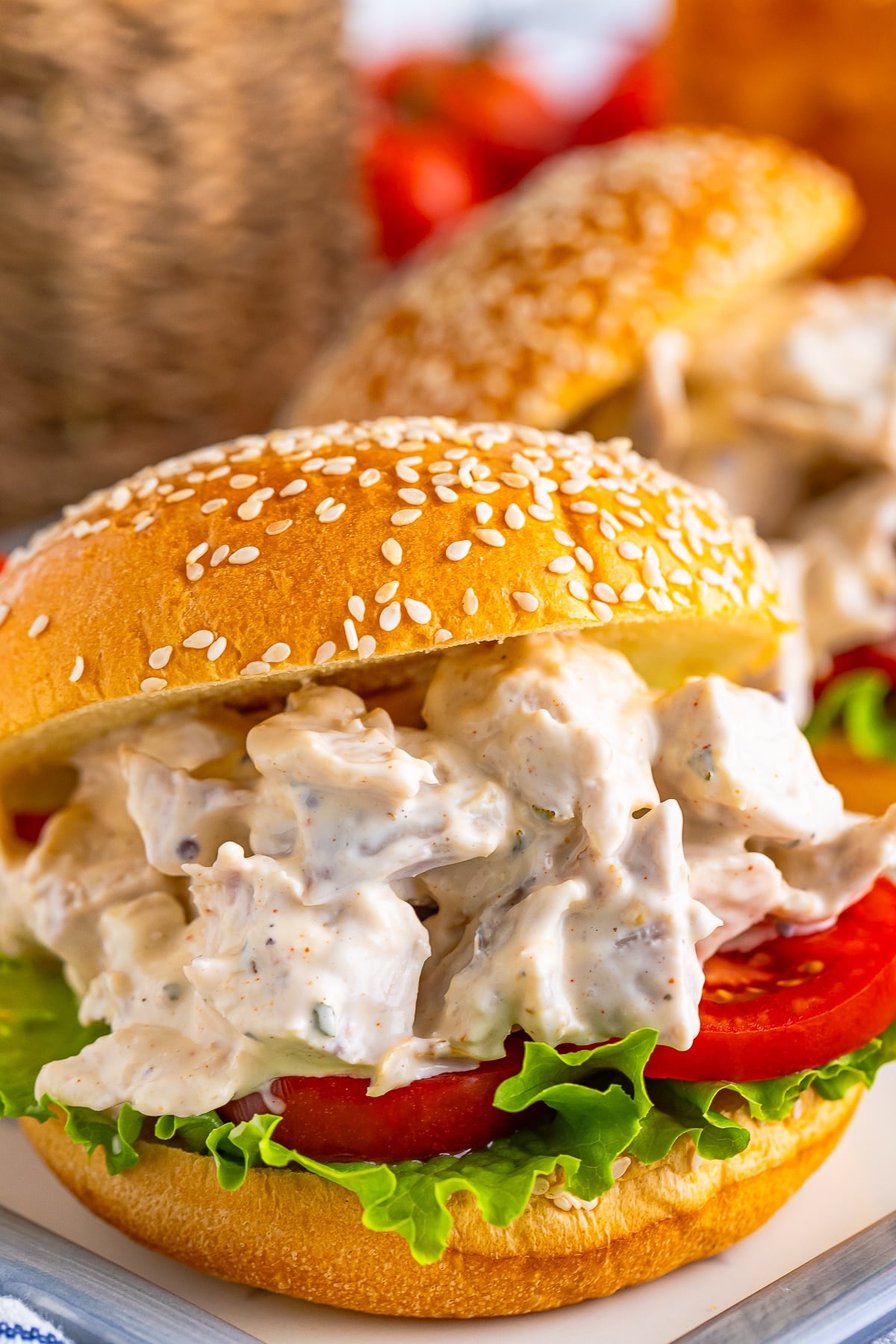 up close image of Rotisserie Chicken Salad on a bun