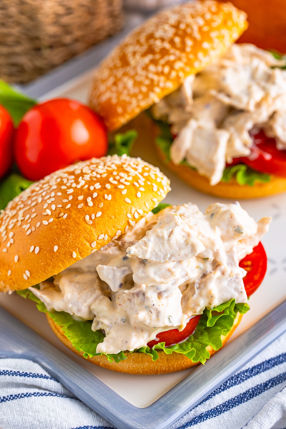 open faced Rotisserie Chicken Salad on bread with lettuce and tomato
