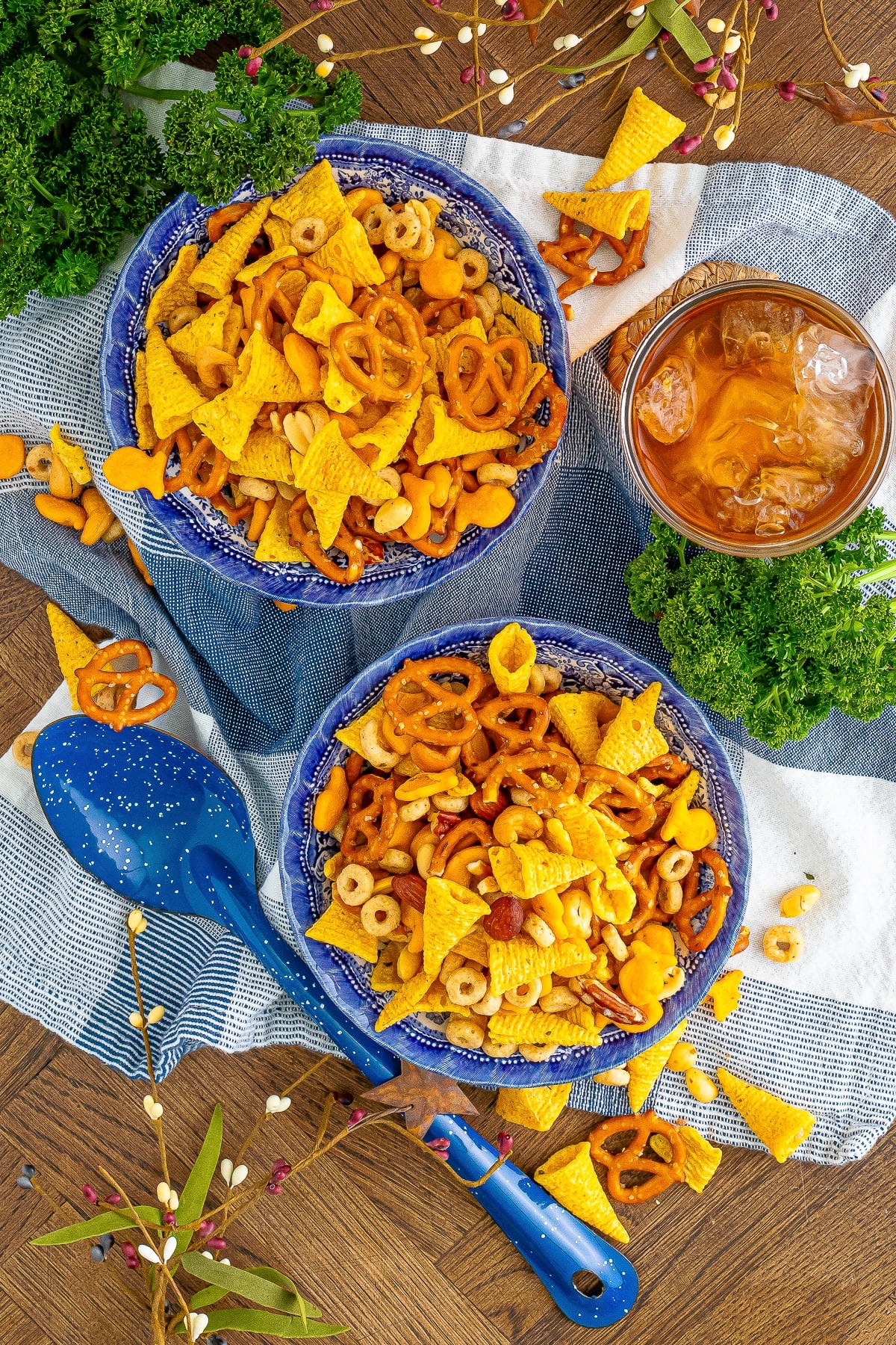 overhead image of two bowls filled with Snack Mix