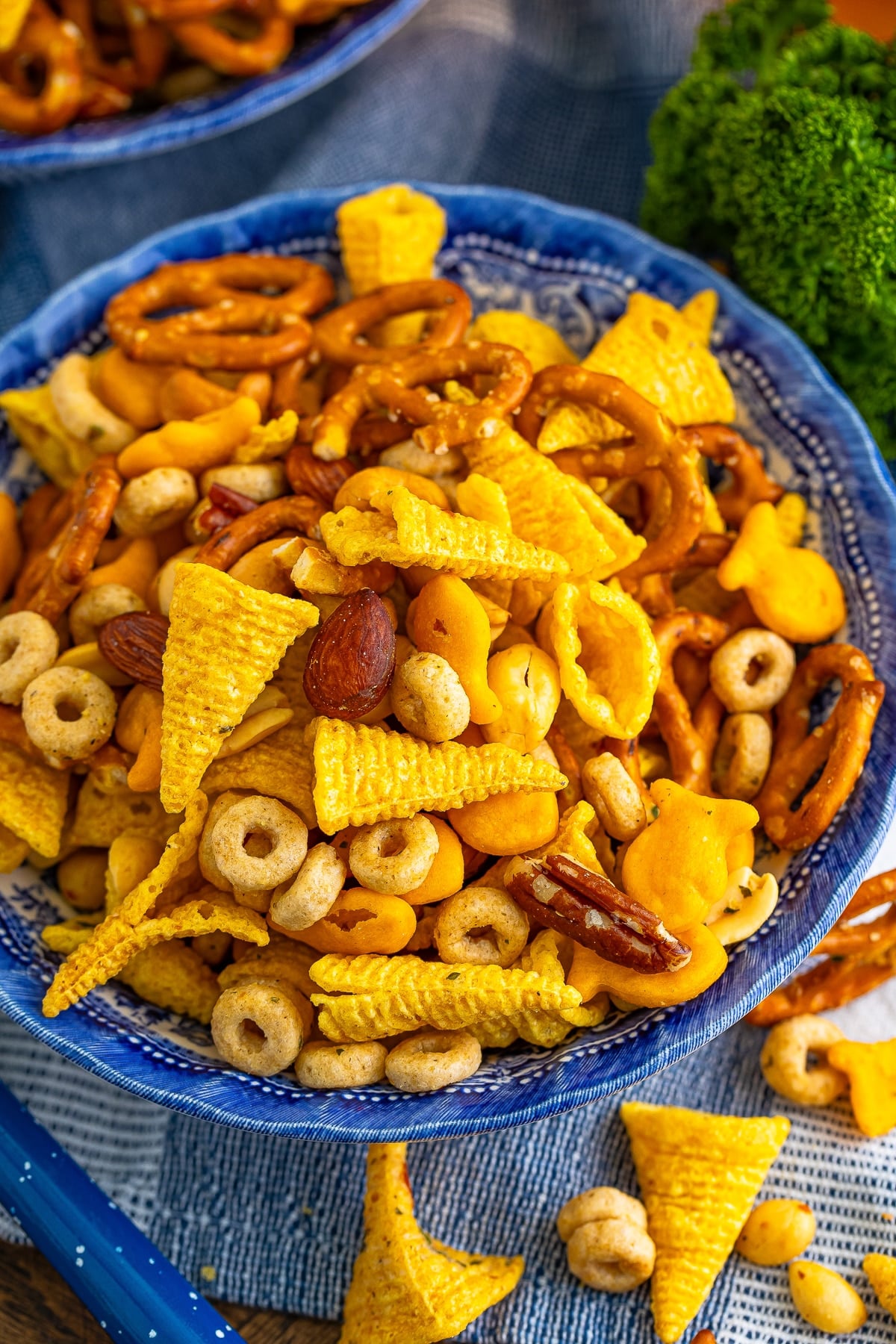 up close overhead image of Snack Mix in a blue bowl