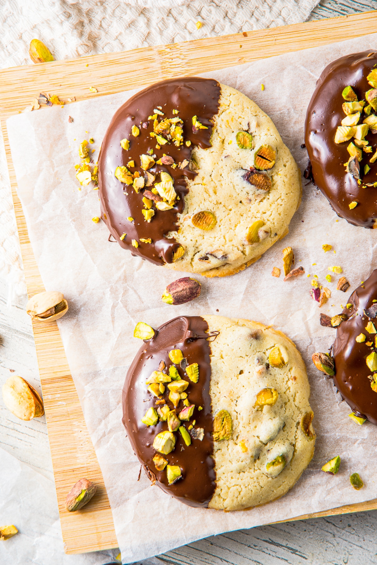 overhead up close image Pistachio Cookies on parchment paper