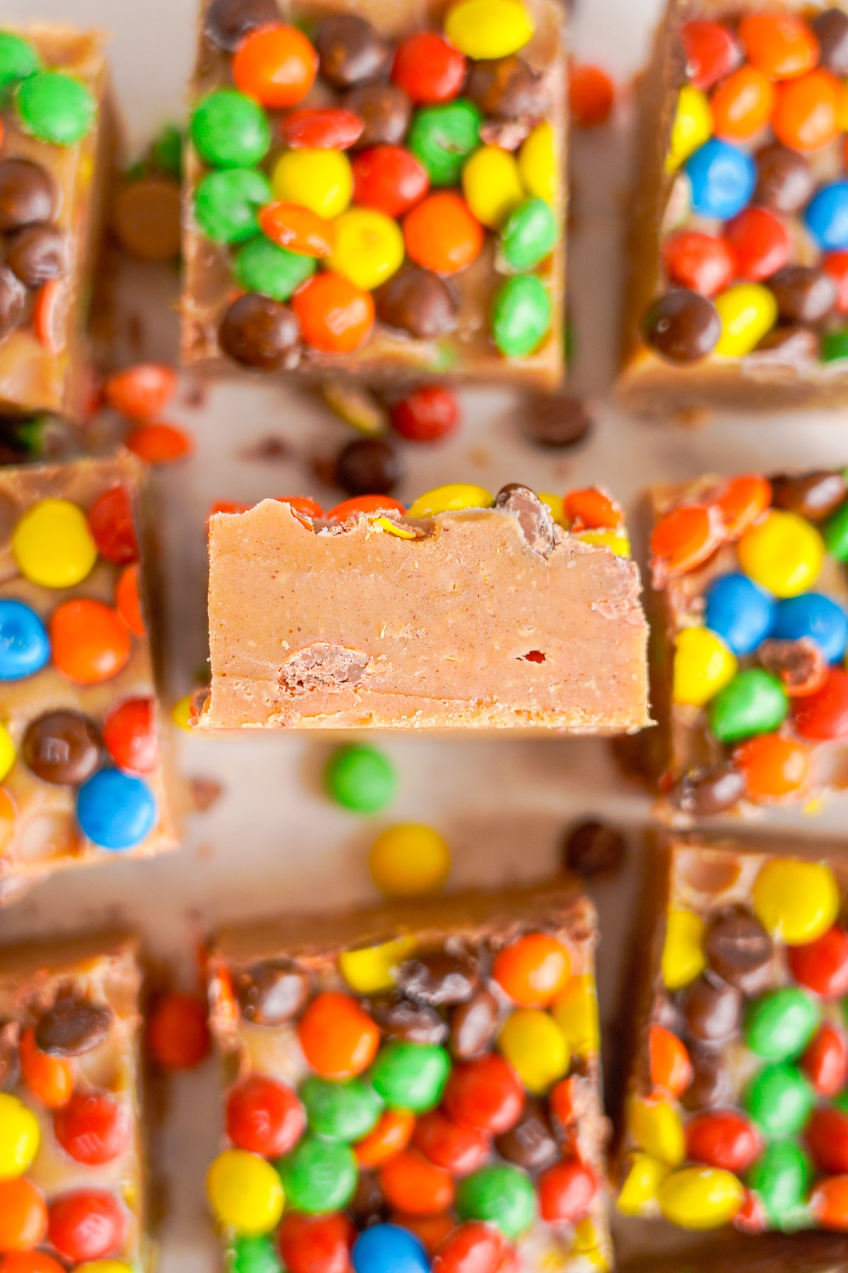overhead image of Peanut Butter Fudge one piece is on it's side to show interior
