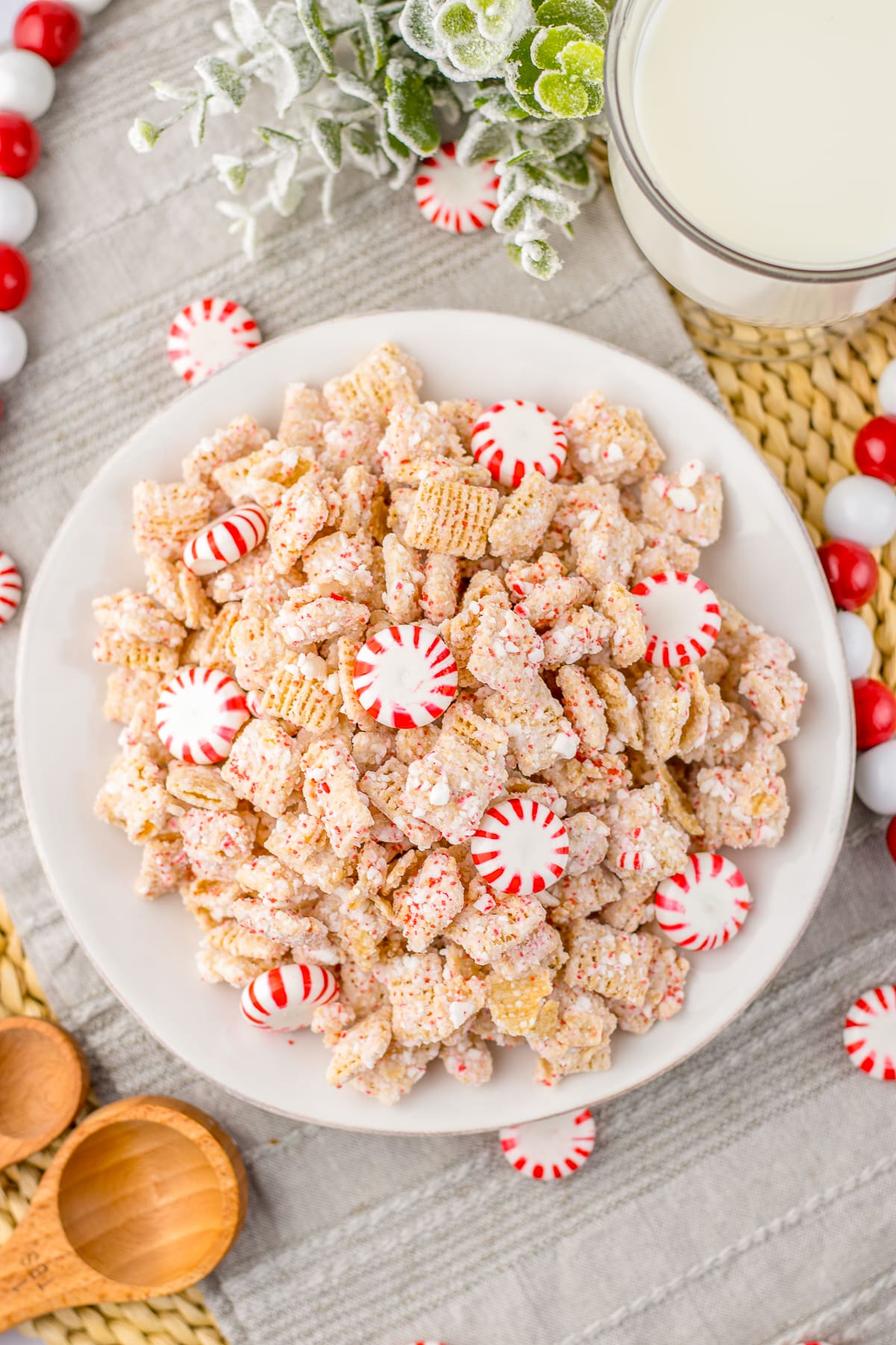 overhead image of White Chocolate Chex Mix Recipe on serving plate with peppermints