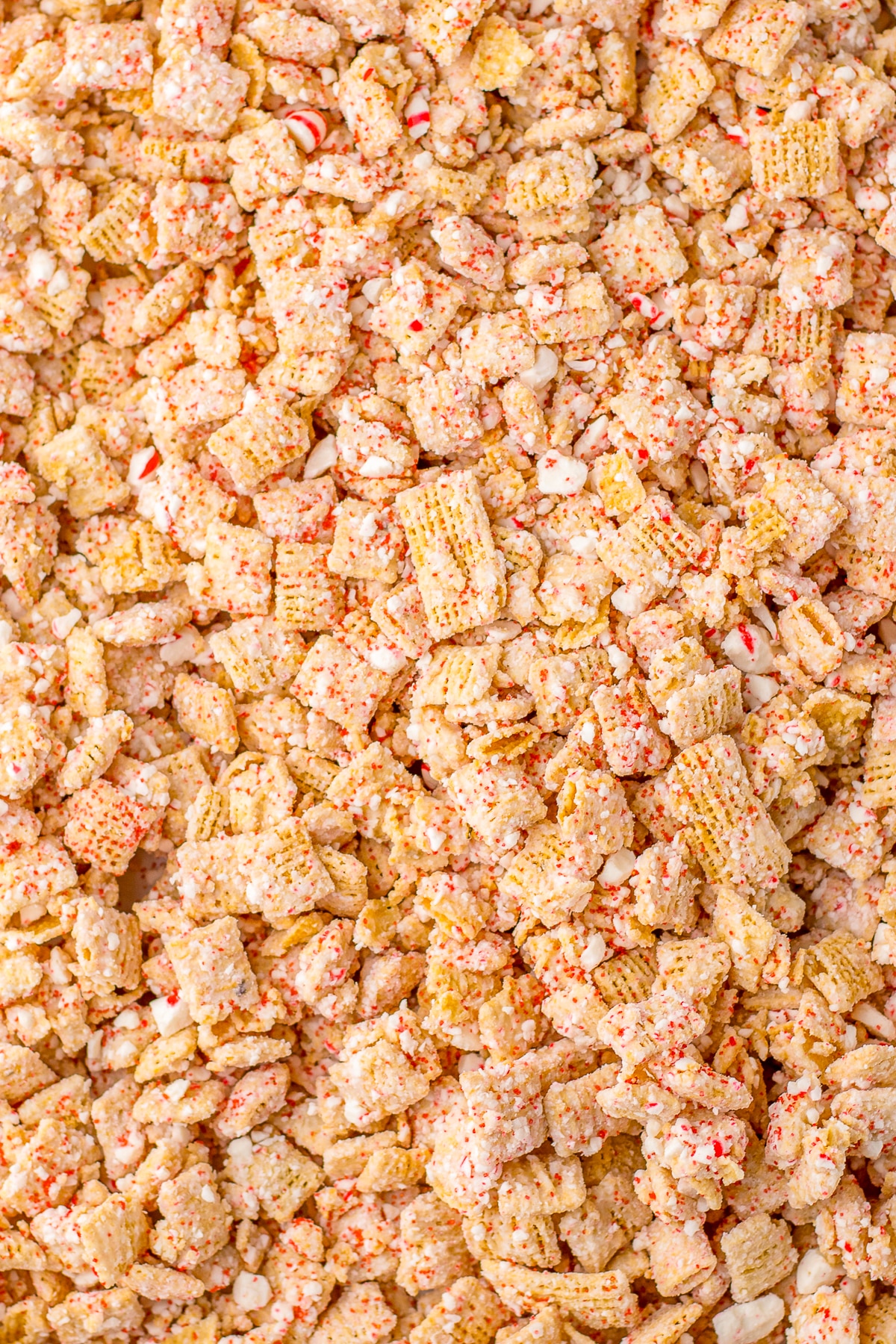 overhead image of a large amount of White Chocolate Chex Mix Recipe