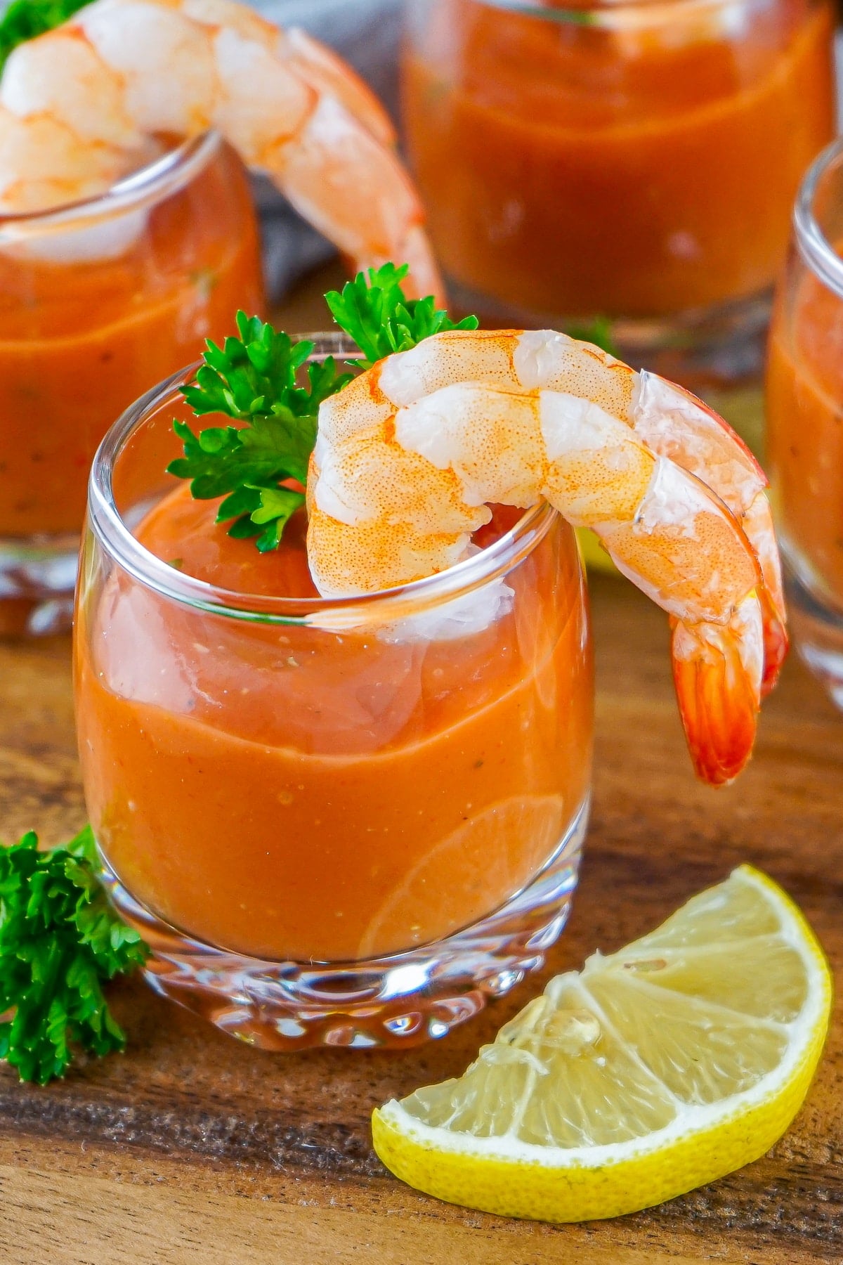 close up image of Cocktail Shrimp in shooter glasses
