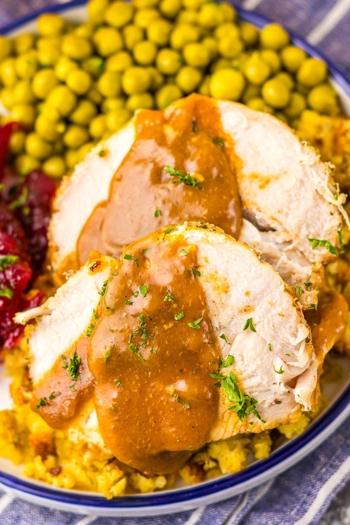overhead close up of sliced Slow Cooker Turkey Breast on a plate with gravy