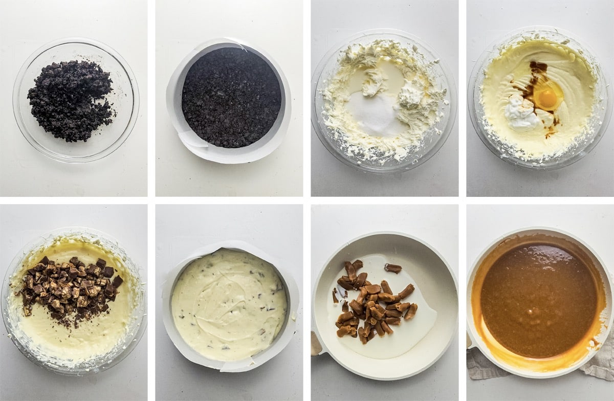 collage of images showing the first steps on how to make Snickers Cheesecake