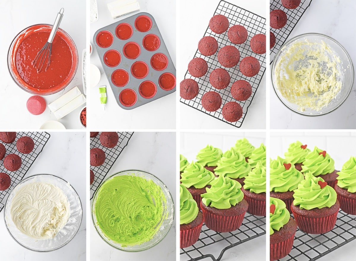 collage of images showing how to make Grinch Cupcakes