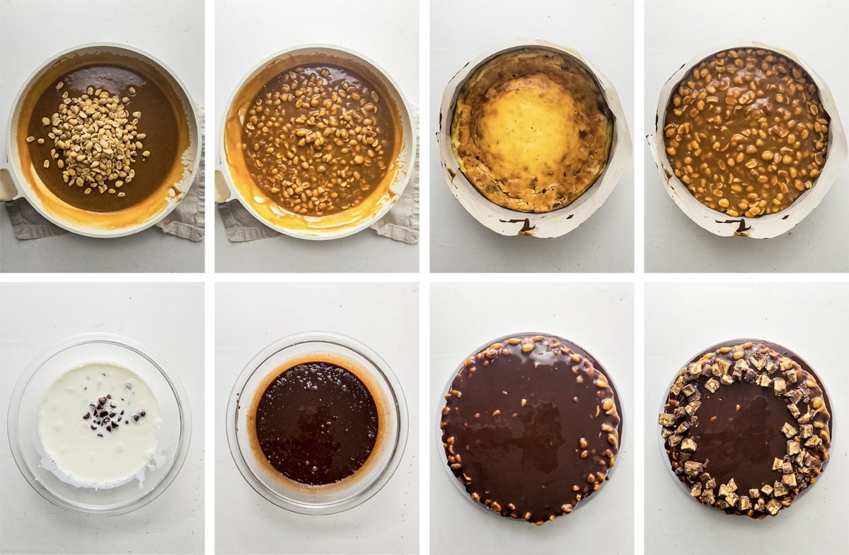 collage of images showing how to make the final steps of Snickers Cheesecake