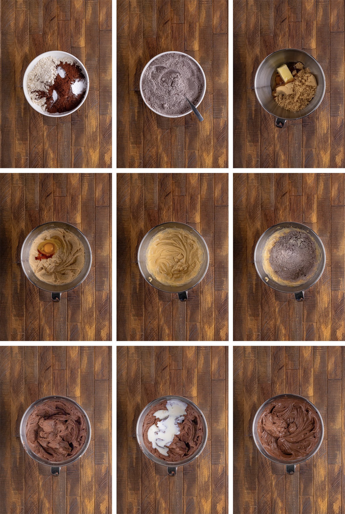 collage of images showing how to make the batter for Whoopies Pies