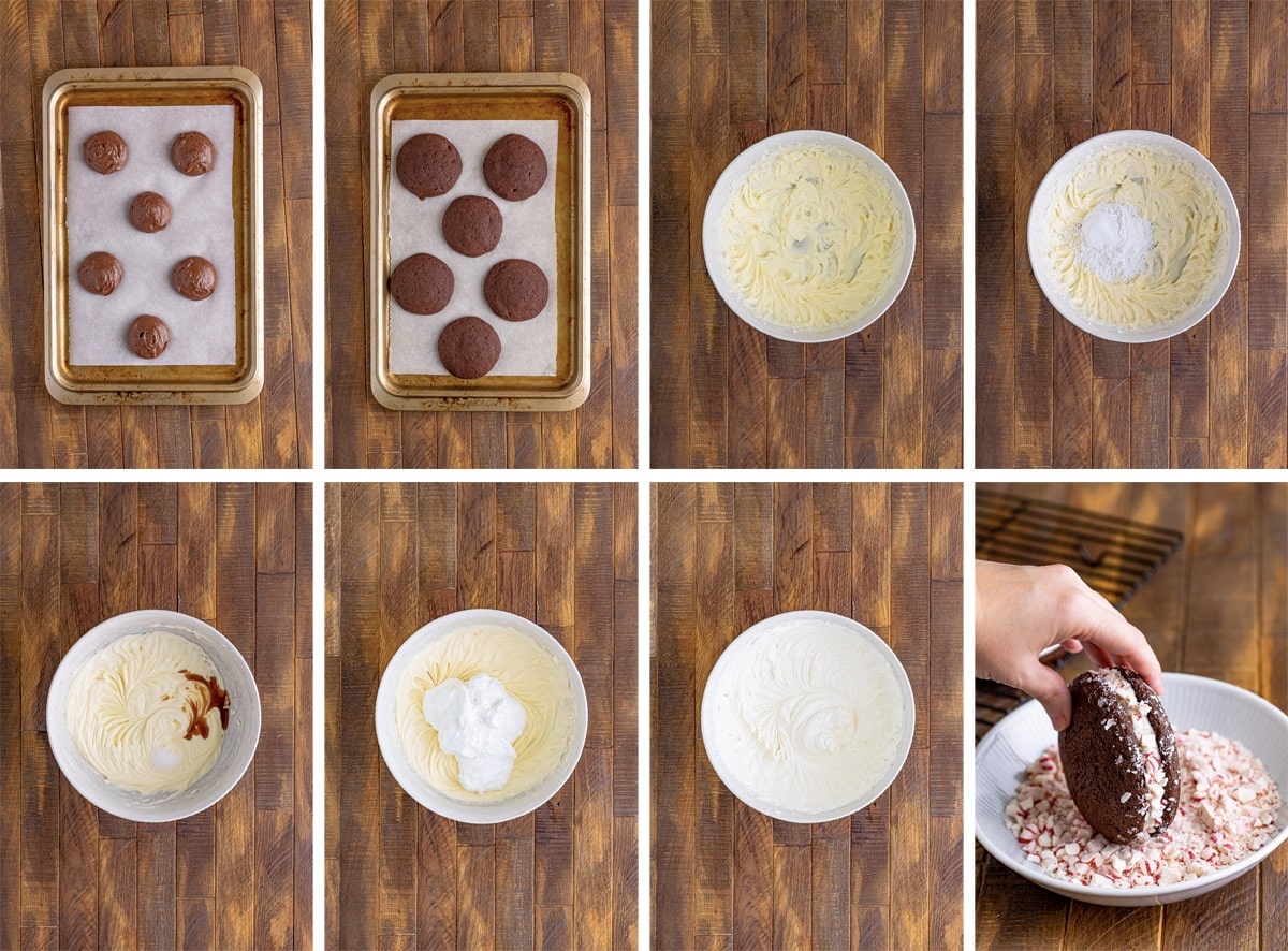 collage of images showing how to do the final steps in making Whoopies Pies