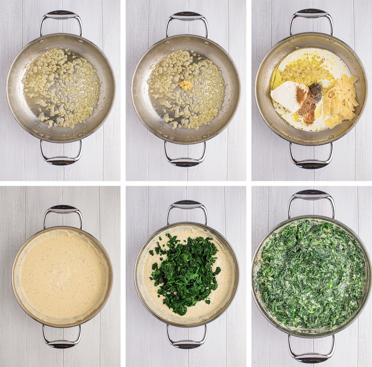 collage of images showing how to make Creamed Spinach