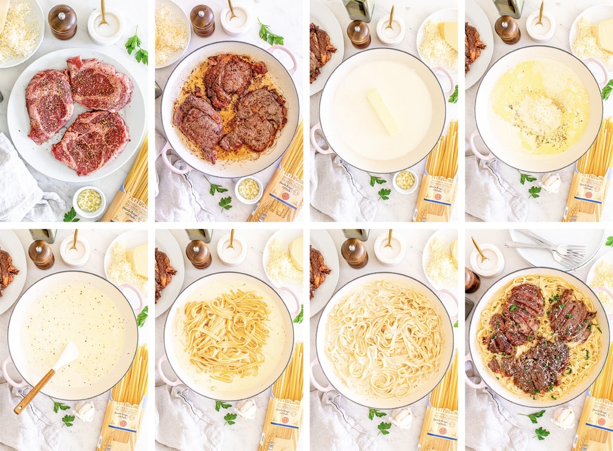 collage of images showing how to make Steak Pasta Alfredo