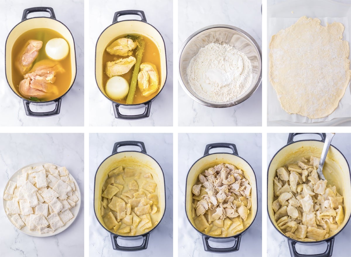 collage of images showing how to make Cracker Barrel Chicken Dumplings